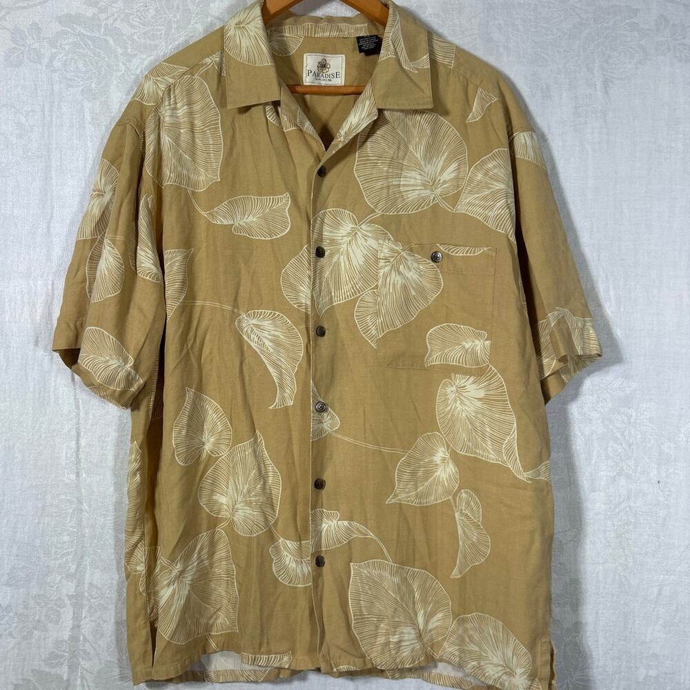 Paradise by Axis Button Up 1X BIG 100% Silk Yellow Palm Print Hawaiian Tropical